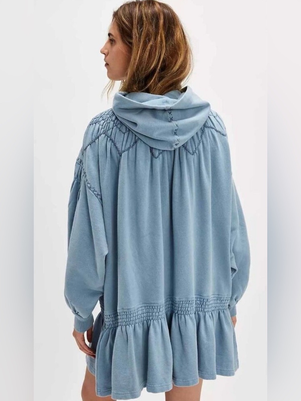 New Free People XS Marty Smocked Mini Sweatshirt Dress Hoodie Blue Embroidery - Picture 2 of 8